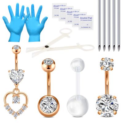 DJCIW Belly Ring Piercing Kit - Stainless Steel 14G Navel Rings, Rose Gold Needles