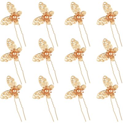 12 Pieces Butterfly Hair Pin Butterfly Hair Clips Crystal Pearl Hair Clips Bridal Wedding Hair Pins Bride Headwear Hair Accessories for Women(Novel Gold Style)