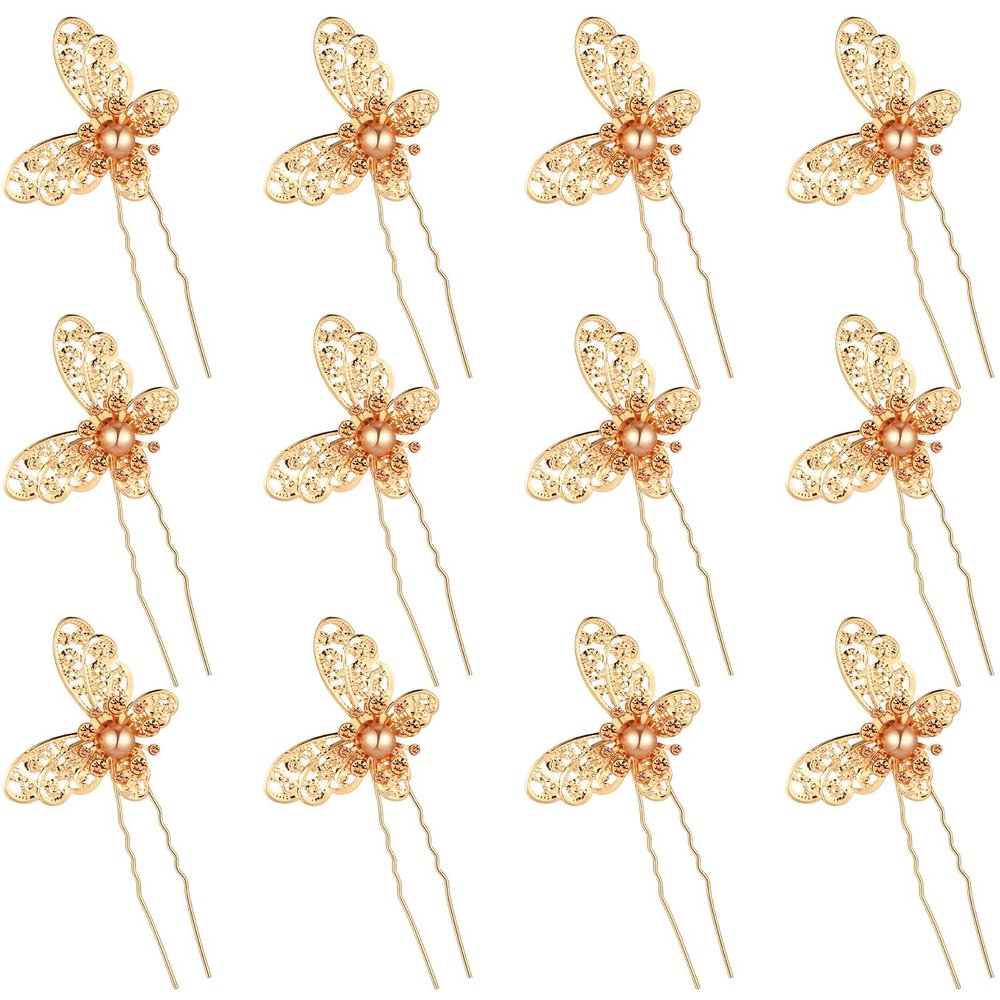 12 Pieces Butterfly Hair Pin Butterfly Hair Clips Crystal Pearl Hair Clips Bridal Wedding Hair Pins Bride Headwear Hair Accessories for Women(Novel Gold Style)