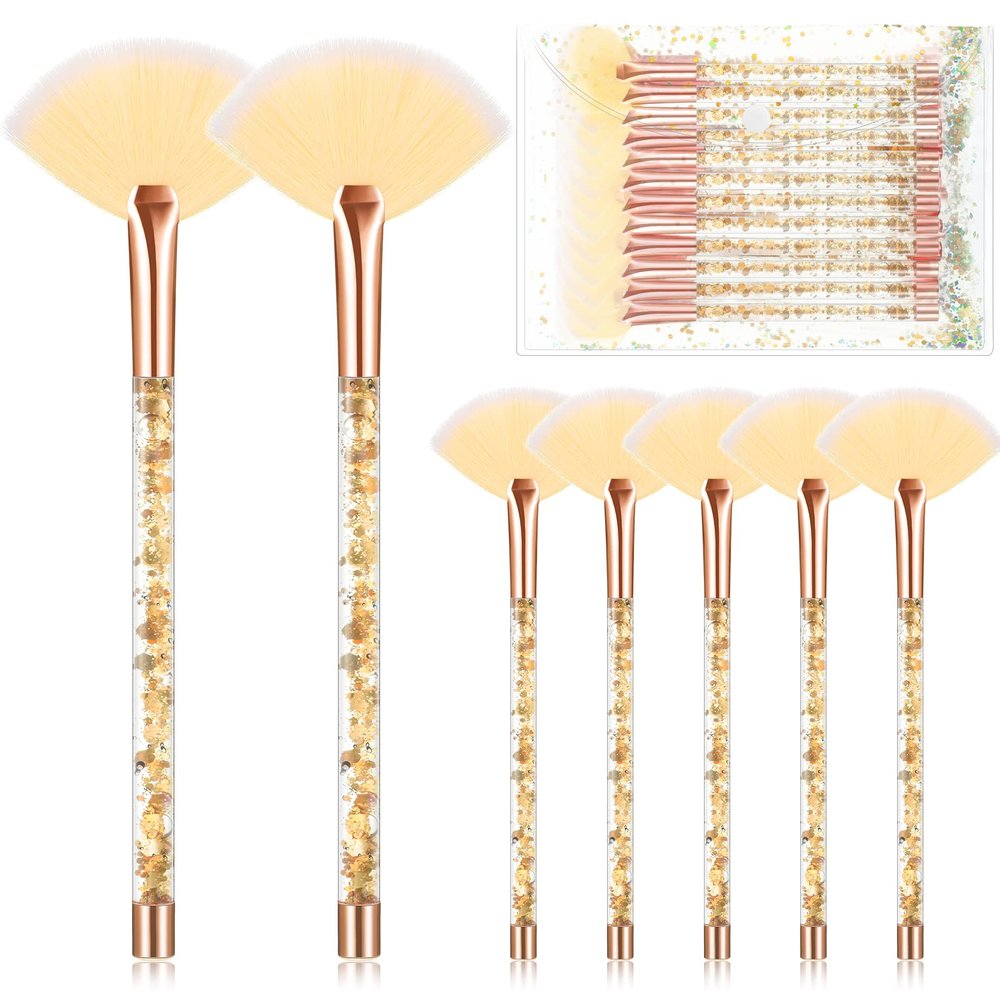 Nuenen 12 Pcs Soft Fan Facial Brushes Mask Acid Applicator Brush for Mud Cream Blush Makeup Peel Glycolic Multi Use Cosmetic Tools with Glitter Quicksand Handle and Pouch(Gold)