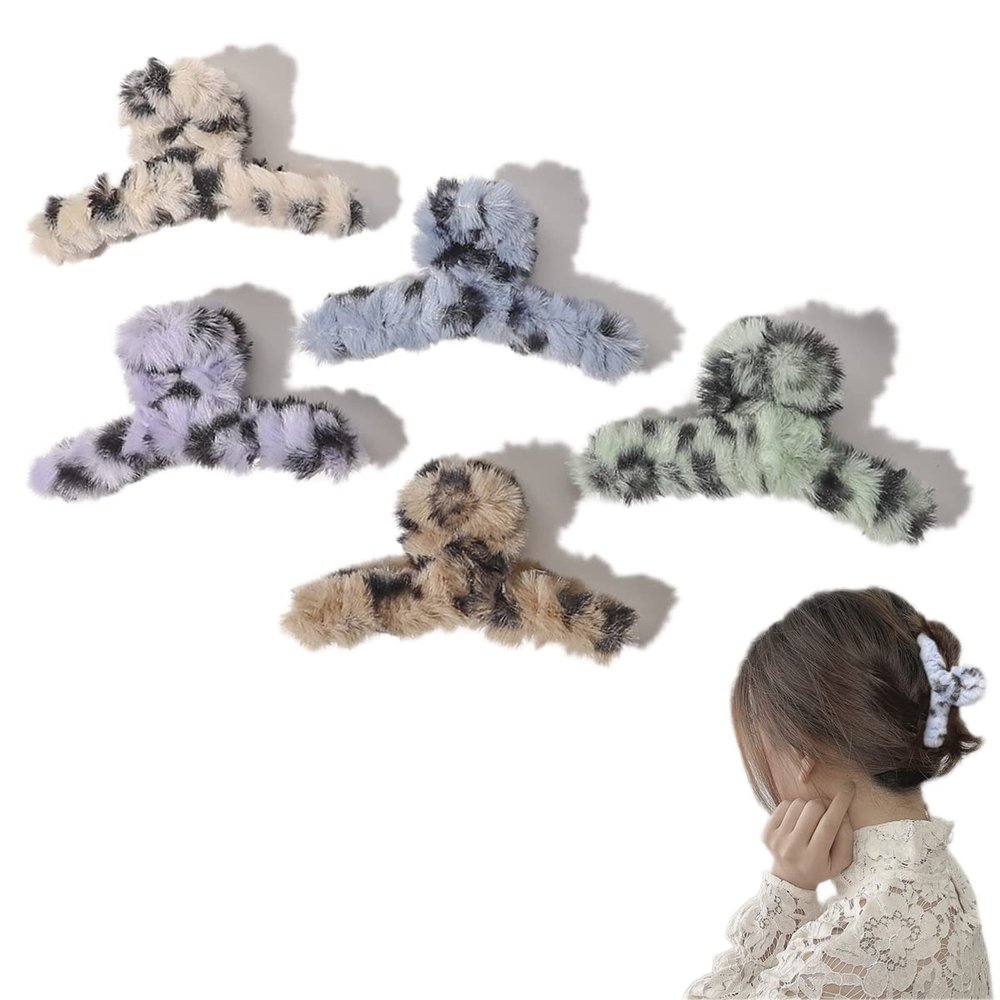 Leopard Print Plush Hair Clip Claw Barrette for Women,Big Faux Fur Claw Hair Clips for Thick Hair (5 Packs)
