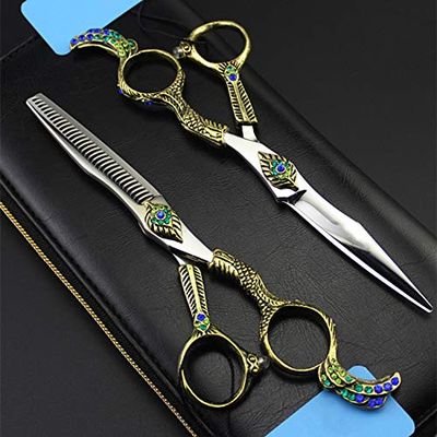 Professional Hair Cutting Shears, Professional Japan 440c 6inch cut hair scissors set cutting barber hair clipper makeup thinning shears hairdressing scissors (Color : Set with bag)