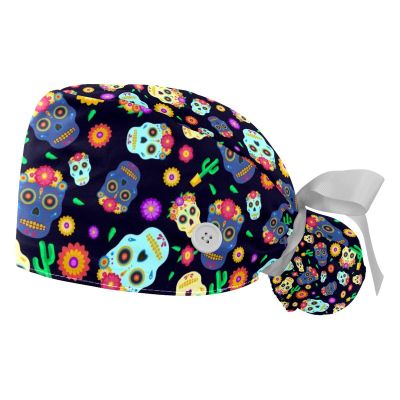 2 Pack Dia De Muertos Sugar Skull Adjustable Working Cap with Button and Sweatband,Ponytail Pouch Tie Back Hats for Women