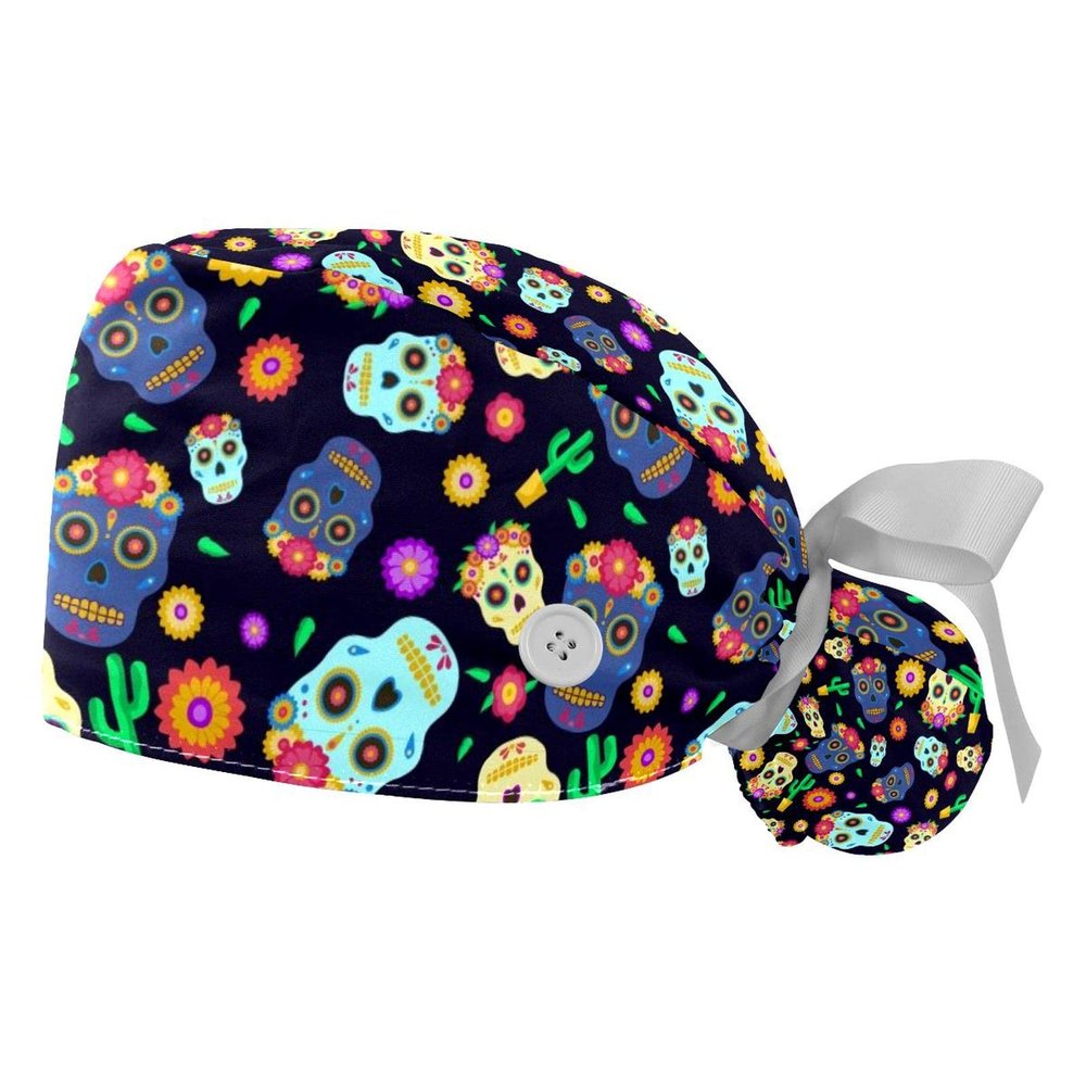 2 Pack Dia De Muertos Sugar Skull Adjustable Working Cap with Button and Sweatband,Ponytail Pouch Tie Back Hats for Women