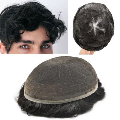Notherss Full French Lace Mens Toupee Human Hair Piece Replacement Systems Full Lace Mens Hair System Toupee for Men Hair Pieces Bleached Knot Natural Hairline7''X9''1B# OFF BLACK-90% light density