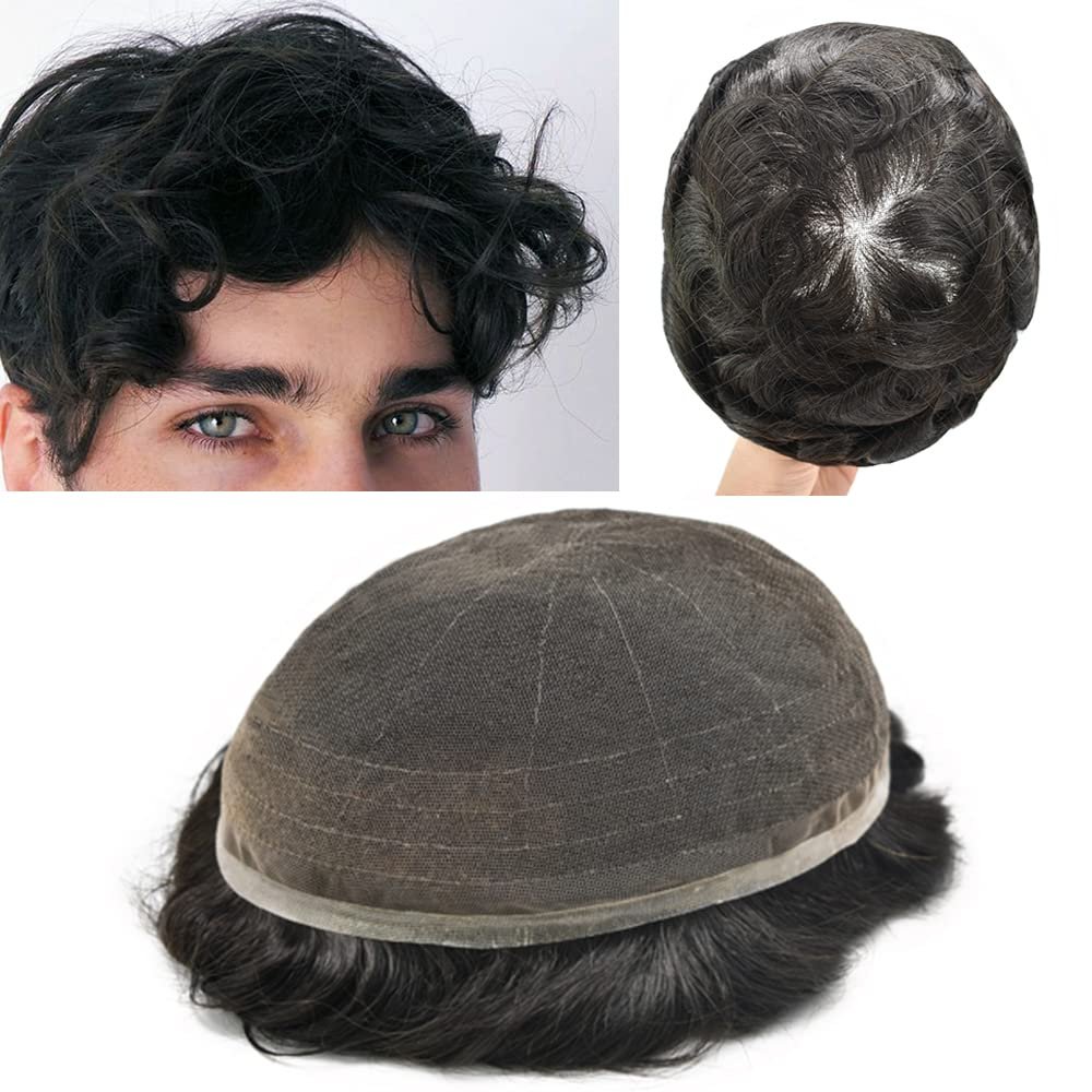 Notherss Full French Lace Mens Toupee Human Hair Piece Replacement Systems Full Lace Mens Hair System Toupee for Men Hair Pieces Bleached Knot Natural Hairline7''X9''1B# OFF BLACK-90% light density