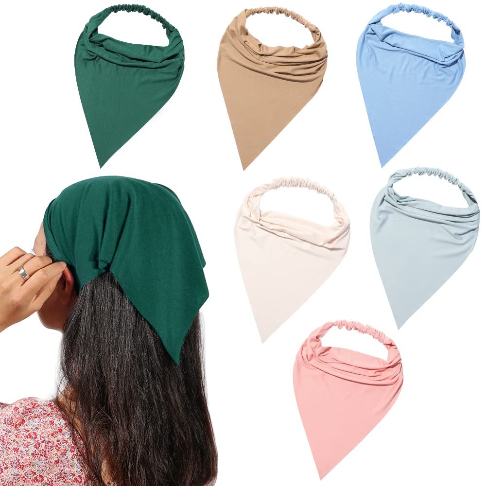 6 Pack Hair Scarf Headband for Women - Elastic Hair Kerchief Large Boho Triangle Bandana Head Scarf with Clips Non Slip Solid Color Headbands Hair Scarves Hair Accessories for Teen Girls