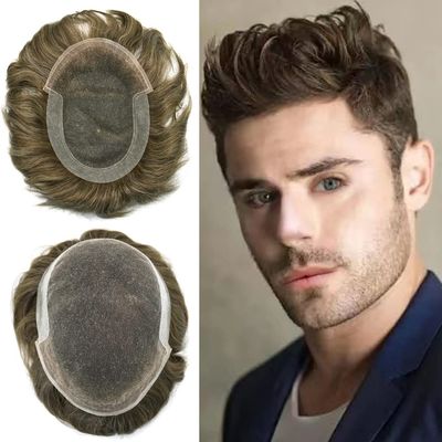 Toupee For Men Human Hair Swiss Lace Mens Hairpieces Front Bleached knot Men Wigs Natural Hairline Men Hair Replacement System Breathable Hair Units For Men (8*10, #1720 17# DARK ASH BLONDE WITH 20% SYNTHETIC GREY100% light to medium density)