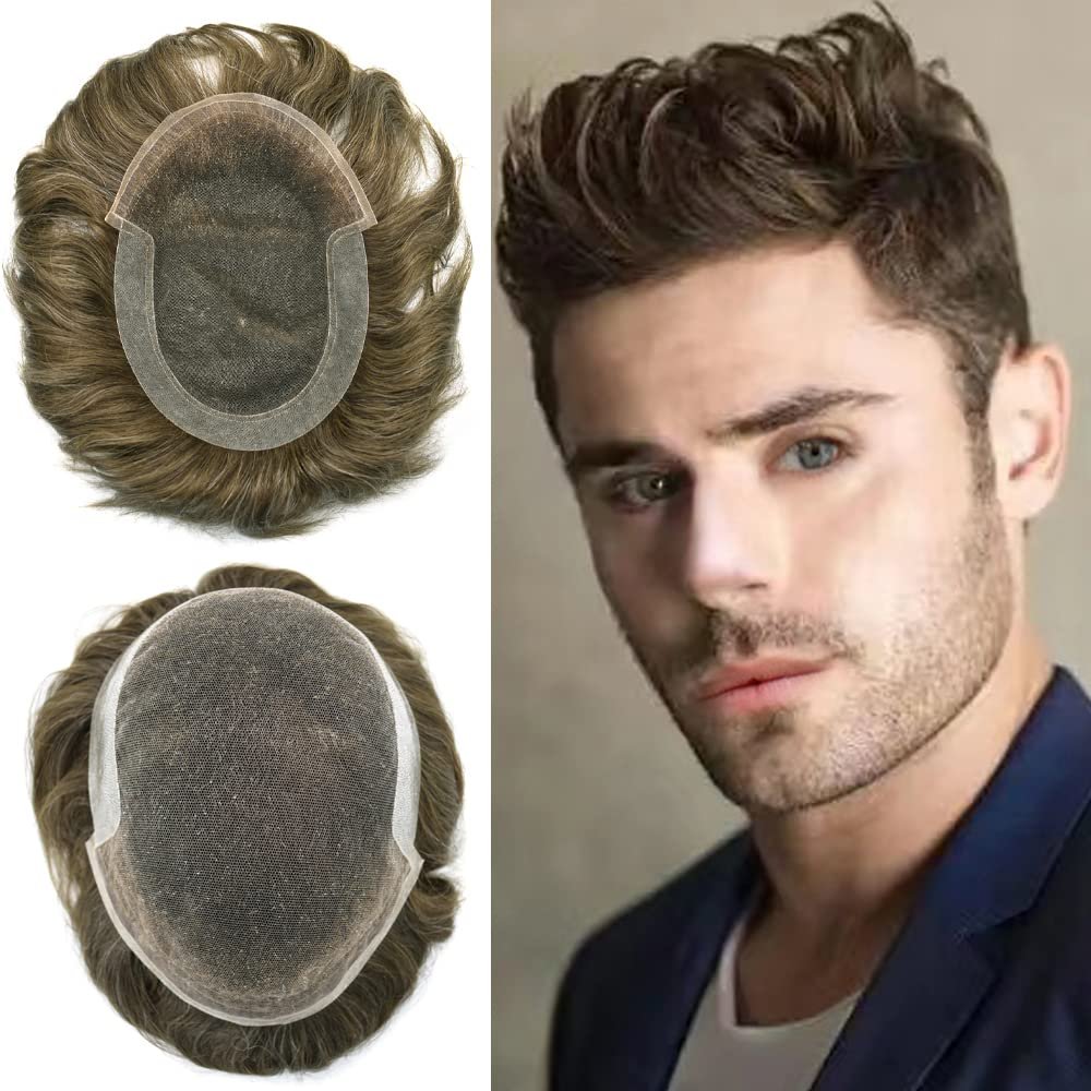 Toupee For Men Human Hair Swiss Lace Mens Hairpieces Front Bleached knot Men Wigs Natural Hairline Men Hair Replacement System Breathable Hair Units For Men (8*10, #1720 17# DARK ASH BLONDE WITH 20% SYNTHETIC GREY100% light to medium density)