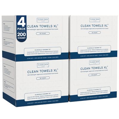 Clean Skin Club Clean Towels XL, 100% USDA Biobased Face Towel, Disposable Face Towelette, Eczema Association Accepted, Makeup Remover Dry Wipes, Ultra Soft, 50 ct per pack, 4 Packs, 200 Ct Total