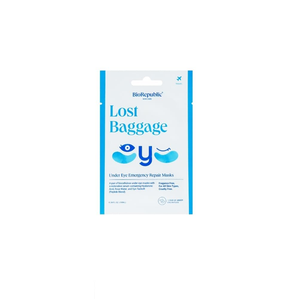 BioRepublic Lost Baggage Under Eye Emergency Repair Mask | Reduces Appearance of Lines, Bags, and Dark Circles Under Eyes | Organic Biocellulose Masks for Moisturization | Box of 3