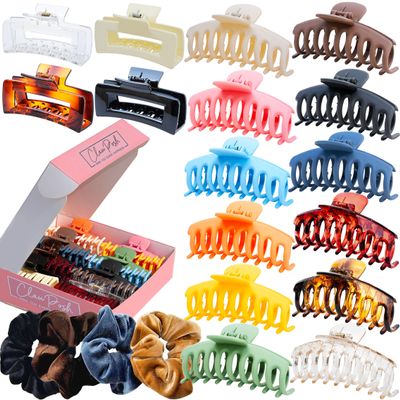 20 Large Hair Clips for Thick Hair & Velvet Scrunchies 4.3" & 4" Big Claw Clips & 4.5" Soft Scrunchies Set Strong Hold, Matte/Glossy Neutral Colors Stylish Christmas Gift Pack Women & Girls