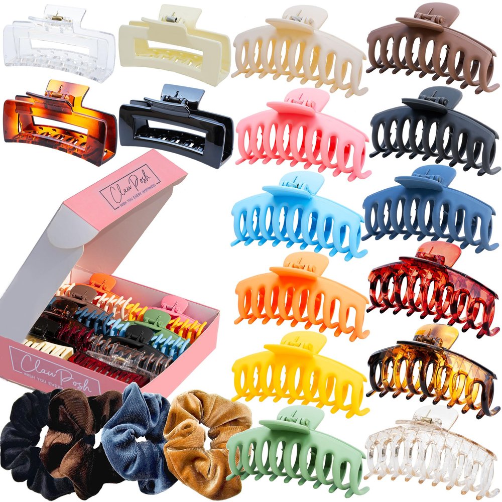 20 Large Hair Clips for Thick Hair & Velvet Scrunchies 4.3" & 4" Big Claw Clips & 4.5" Soft Scrunchies Set Strong Hold, Matte/Glossy Neutral Colors Stylish Christmas Gift Pack Women & Girls
