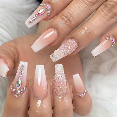 Yivaiks 24 Pcs Advanced Hand Made Customization Press on Nails, Luxurious Rhinestone Design Ballerina Fake NailsPerfect Accessory for Banquets, Soirees, Parties(GD-004)