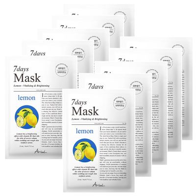 Ariul 7 Days Mask Heartleaf P  Calming & Moisturizing Korean Face Mask with Panthenol & Ceramide, Hydrating & Soothing, Pore Purifying, Vegan Sheet, 10 Masks, 23ml / 0.77 fl. oz Each (Lemon C)