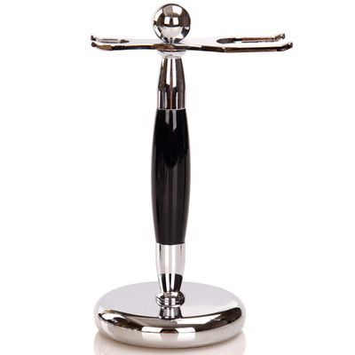 SANWA Deluxe Stainless Steel Shaving Brush Stand Holder for Razor & Brush - Extra Wide Openings, Weighted Base Black Handle