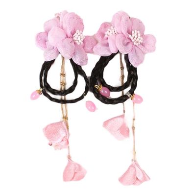 1 Pair Chinese Girls Flower Tassel Wig Braid Hair Clips Pink Kids Ancient Chinese Costume Cute Hair Clips Baby Headdress