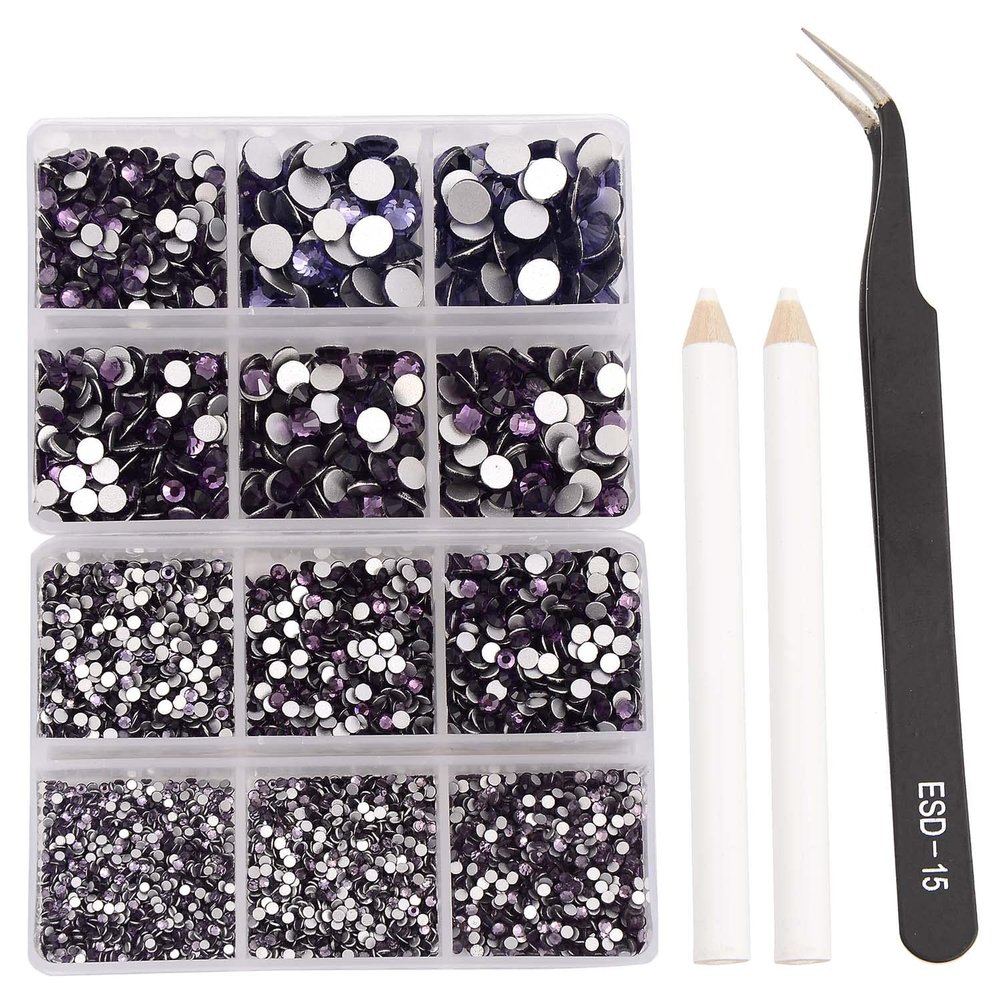 NCB 8000pcs Non Hotfix Rhinestones 10 Sizes Flatback Crystal Glass Rhinestones with Tweezers and Picking Pen for Nail Art Clothes Bags Phone Decorations Crafts DIY (018 Tanzanite Mix SS3-SS30)