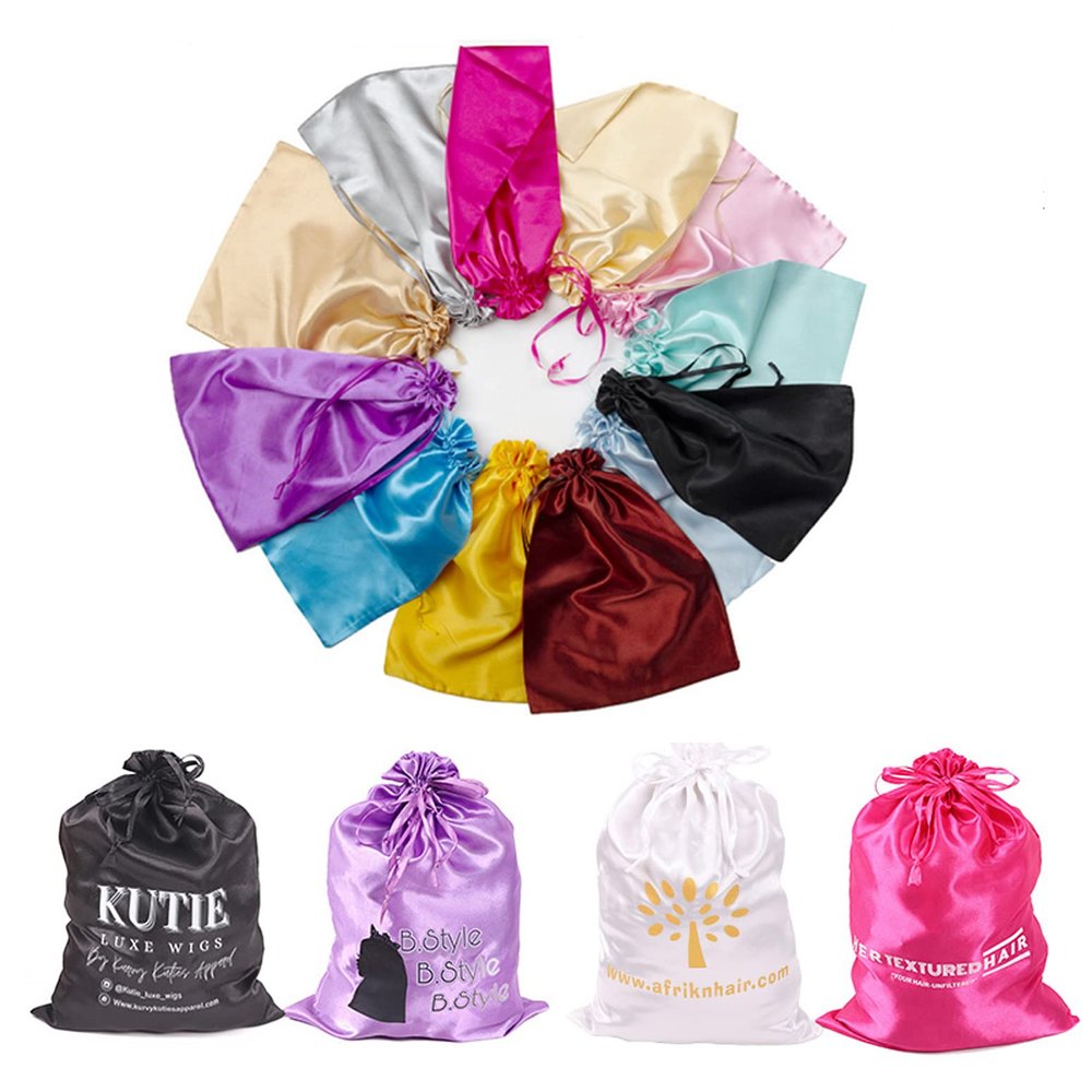 Boyiexin Customize Logo Wig Hair Extension Storage Bags, 20-50PCS Silk Satin Wig Bags With Drawstring Gift Hair Bundles Packaging Bag (Pack of 20, White)