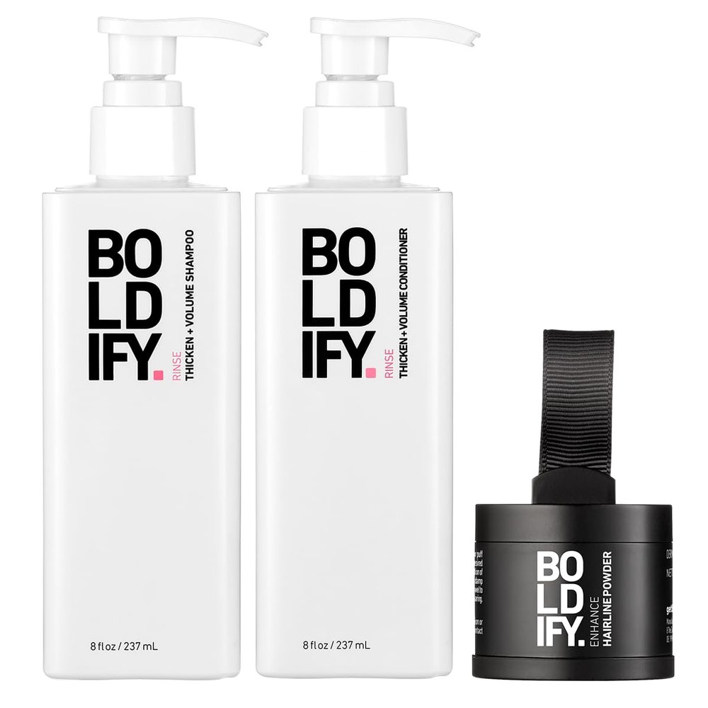 Boldify Hairline Powder + Shampoo + Conditioner: Bundle: Root Touchup Hair Loss Powder and Natural Volumizing Shampoo and Conditioner for Fine Hair (Dark Brown)