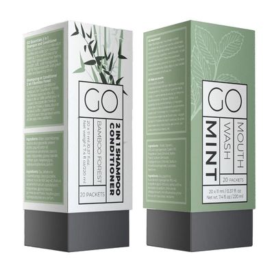 Go Essentials Travel Mouthwash and Travel 2 in 1 Shampoo Conditioner Bundle. Contains 20 Single Unit Packets of Each. Great for Airbnb, Trips, spas, Hotels, Resorts, Gift Baskets.
