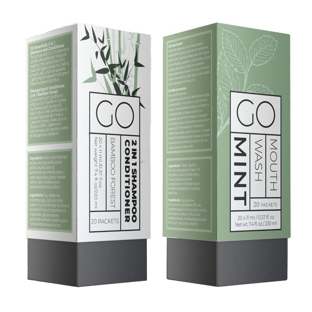 Go Essentials Travel Mouthwash and Travel 2 in 1 Shampoo Conditioner Bundle. Contains 20 Single Unit Packets of Each. Great for Airbnb, Trips, spas, Hotels, Resorts, Gift Baskets.