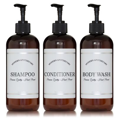 Amber Refillable Shampoo and Conditioner Bottles - Body Wash, Shampoo and Conditioner Dispenser - PET Plastic Shampoo Bottles Refillable with Pump - Waterproof Labels - 16 oz, 3 Pack (Black Plastic)