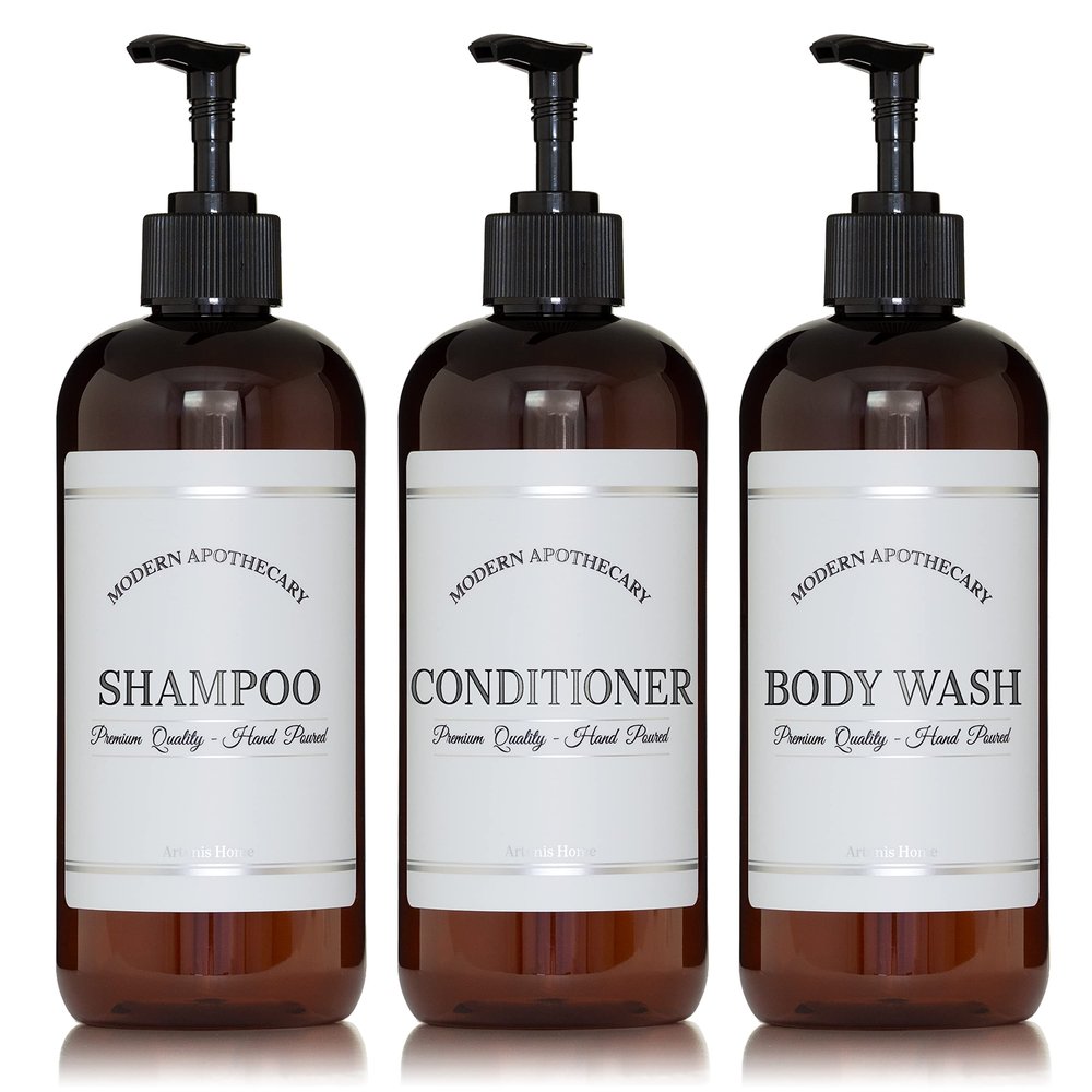 Amber Refillable Shampoo and Conditioner Bottles - Body Wash, Shampoo and Conditioner Dispenser - PET Plastic Shampoo Bottles Refillable with Pump - Waterproof Labels - 16 oz, 3 Pack (Black Plastic)