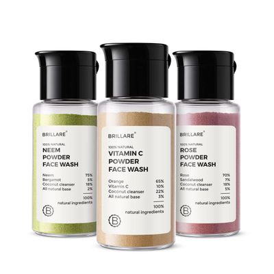 Brillare Powder face wash Combo, Neem, Vitamin C & Rose facewash, for Oily, Acne Prone, Pigmented, Ageing, Dry and Dull skin, 15 gram each