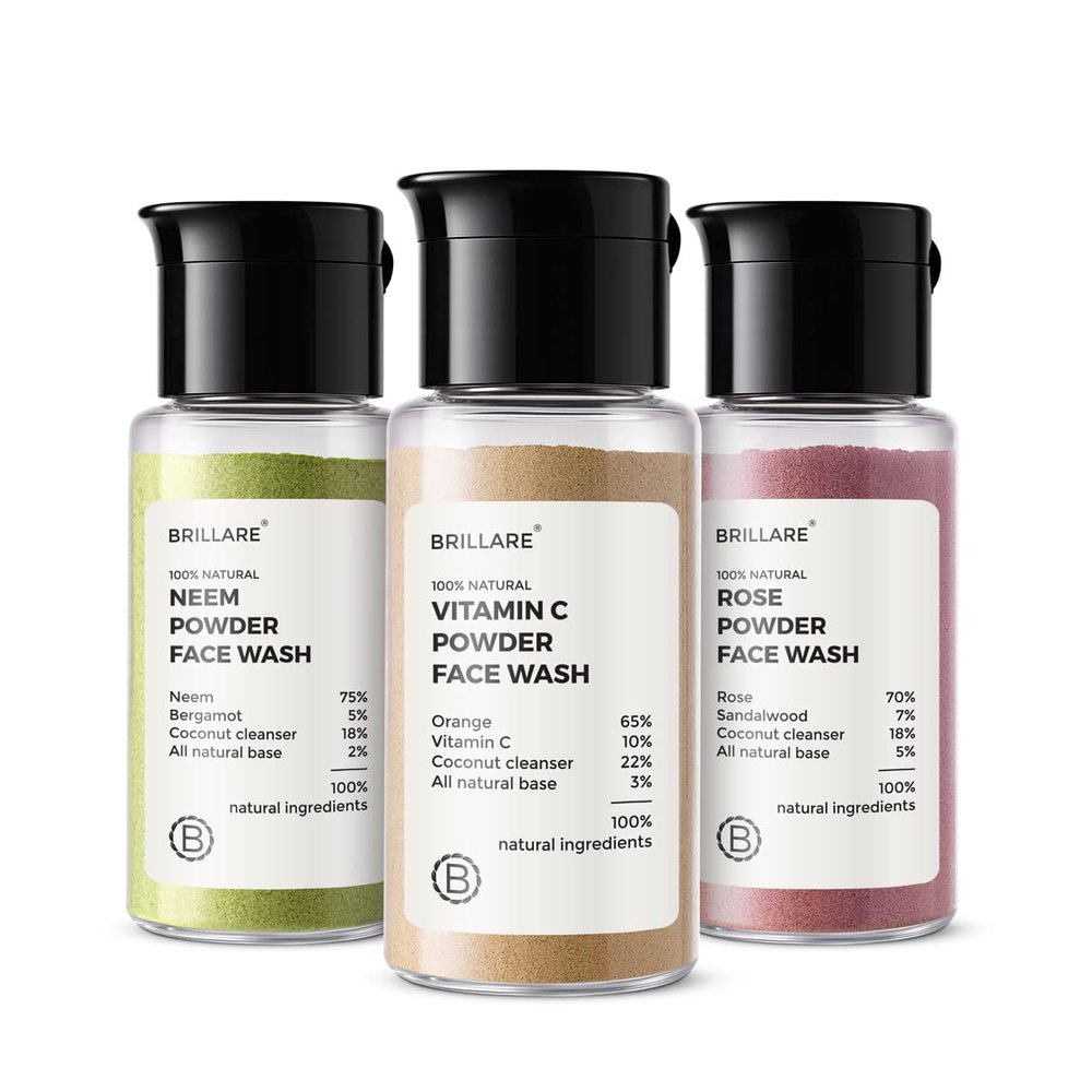 Brillare Powder face wash Combo, Neem, Vitamin C & Rose facewash, for Oily, Acne Prone, Pigmented, Ageing, Dry and Dull skin, 15 gram each