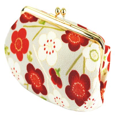 (0105-15) Uni Fiber, Made in Japan, Futoshi Crepe, Japanese Pattern, Coin Purse Cosmetic Pouch [Modern Plum/Ivory], Red, Ivory, One Size