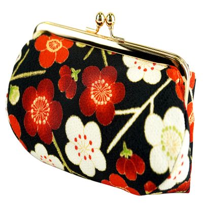 (0105-13) Uni Fiber, Made in Japan, Futoshi Crepe, Japanese Pattern, Gamaguchi Cosmetic Pouch, Modern Plum, Black, Red / Black, free size