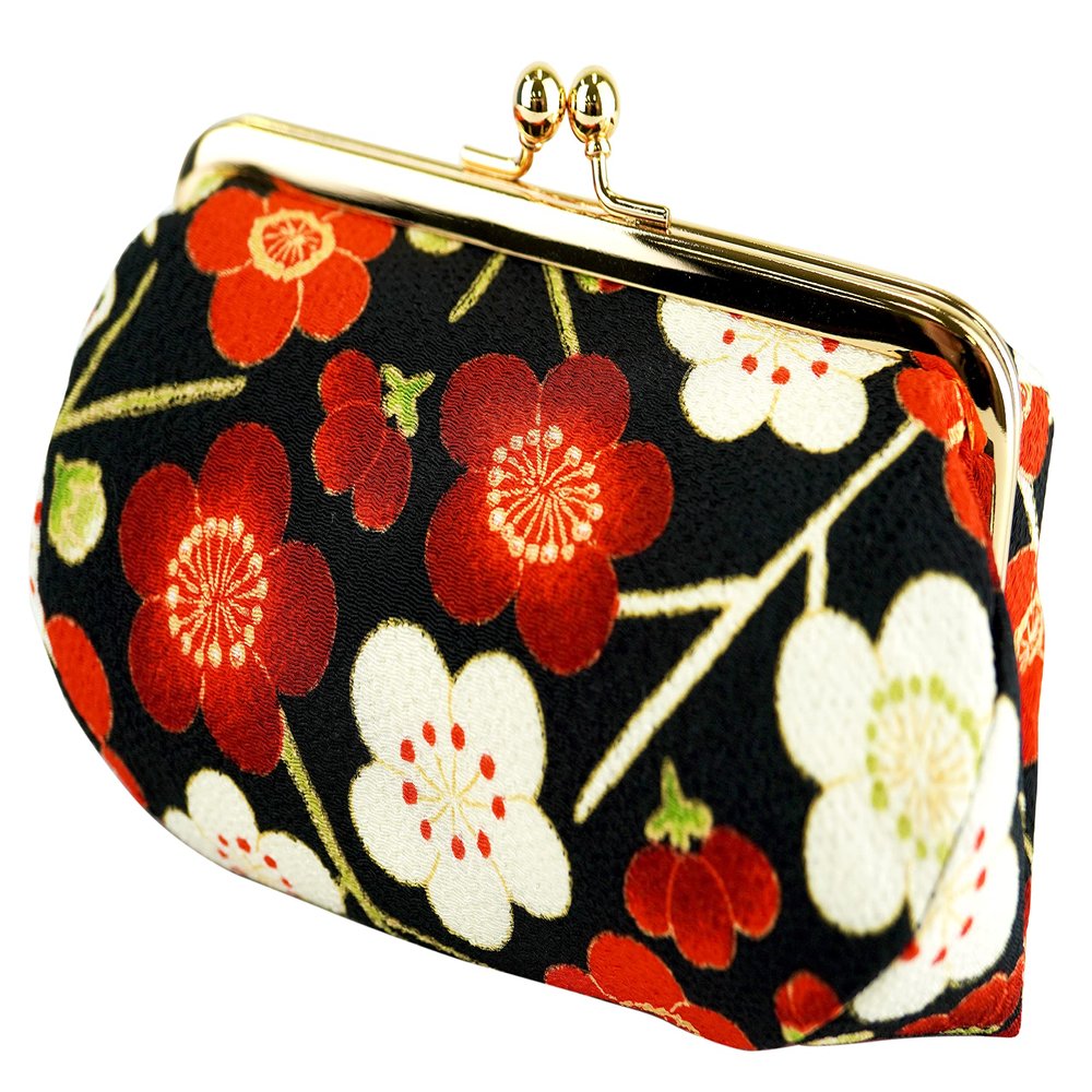 (0105-13) Uni Fiber, Made in Japan, Futoshi Crepe, Japanese Pattern, Gamaguchi Cosmetic Pouch, Modern Plum, Black, Red / Black, free size