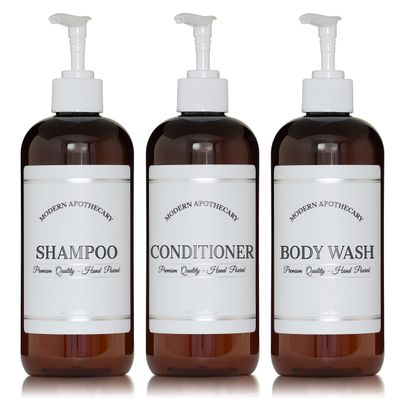 Amber Refillable Shampoo and Conditioner Bottles - Body Wash, Shampoo and Conditioner Dispenser - PET Plastic Shampoo Bottles Refillable with Pump - Waterproof Labels - 16 oz, 3 Pack (White Plastic)