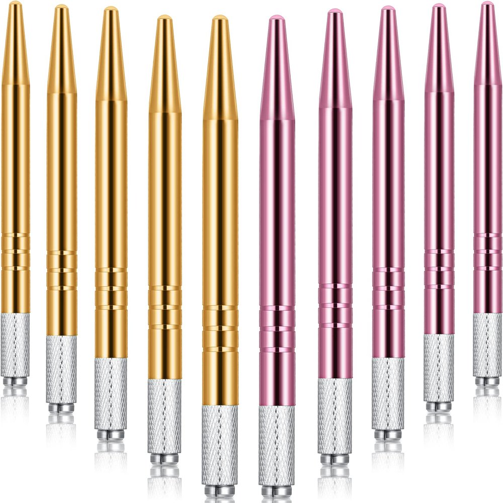 10 Pieces Microblading Pens Manual Eyebrow Microblade Pens Aluminum Hand Tools Light Manual Holder for Makeup Supplies Salons,2 Colors(Pink, Gold)