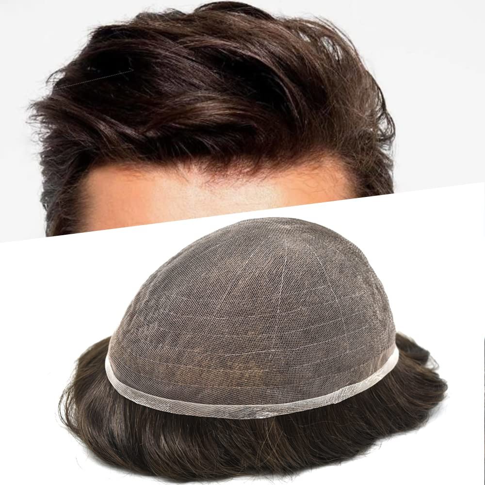 Notherss Full French Lace Mens Toupee Human Hair Piece Replacement Systems Full Lace Mens Hair System Toupee for Men Hair Pieces Bleached Knot Natural Hairline6''X8''2# DARKEST BROWN-110% density