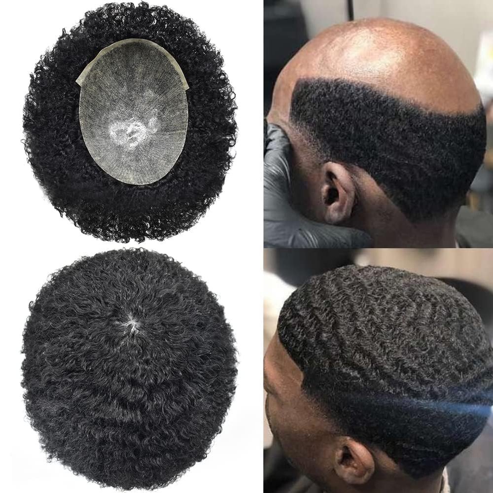 Afro Hair Units Toupee for Black Men Full Poly African American Men Hairpece Afro Toupee Kinky Curly Brazilian Human Hair Systems PU Injected Man Weave Hair Unit Black Men 8x10#1B Off Black 10mm Wavy
