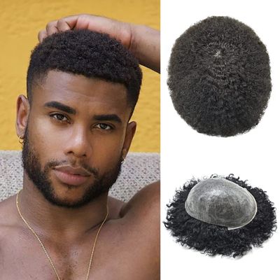 Afro Mens Toupee Full Poly Base Man Weave Thin Skin Hair Unit 100% Virgin Human Kinky Curly Hair Replacement Units for Black Men 8X10 Inch (Afro Wavy 8mm, 1# Jet Black-120% Medium Light to Medium Density)