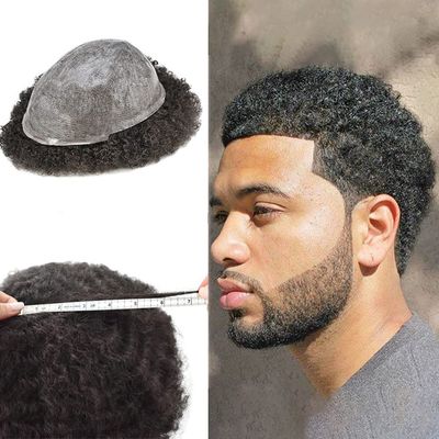 Afro Curly Toupee for Black Men Full Poly Base Man Weave Thin Skin Hair Unit 100% Virgin Human Kinky Curly Hair Replacement Units for Black Men 8X10 Inch(Afro Wavy 6mm, #1B Off Black / Natural Black-120% Medium Light to Medium Density)