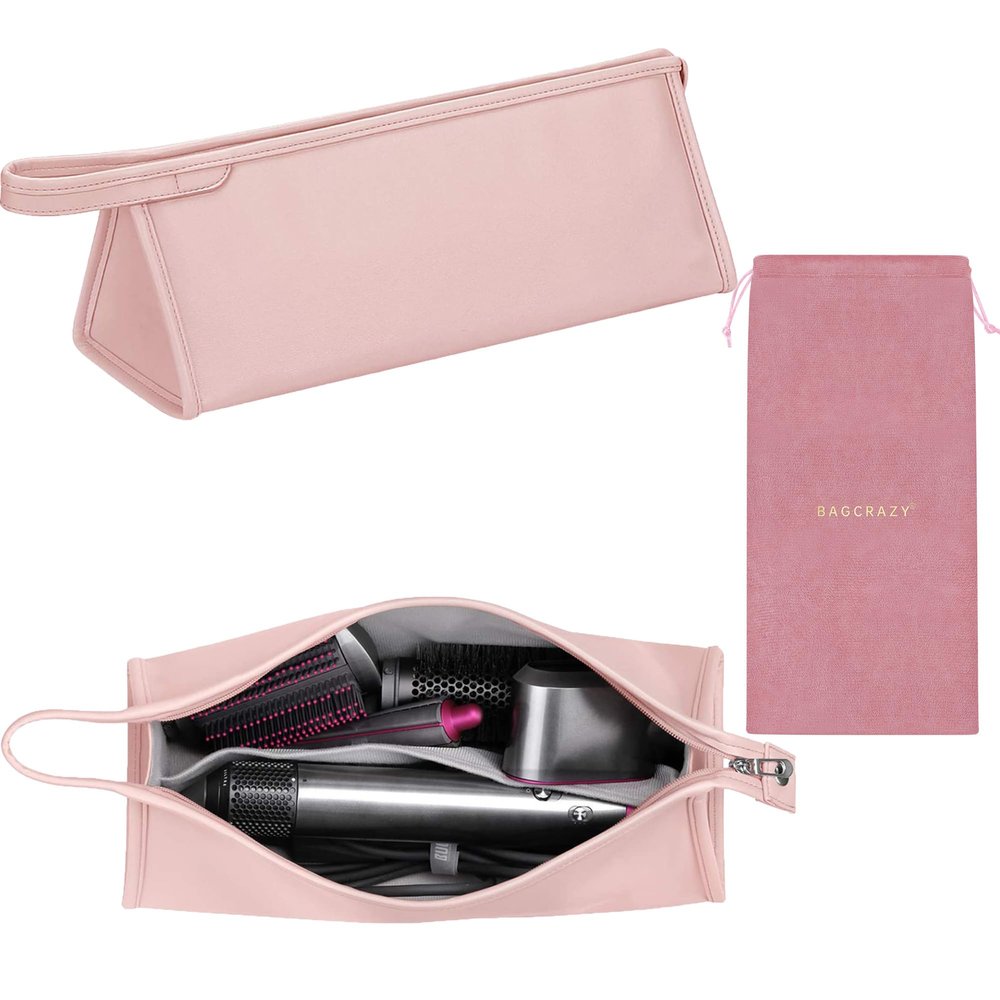 BAGCRAZY Pu Leather Travel Case Compatible with Dyson Airwrap Styler, Portable Waterproof Organizer Bag for Shark FlexStyle Attachments Storage, Pink