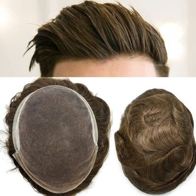 Mens Toupee Swiss Lace With Poly Toupee for Men Human Hair Replacement Systems Bleached Knots Mens Hair Piece (8"x10 100% Light Density, 530 Light-Med Brown+30% Gray)