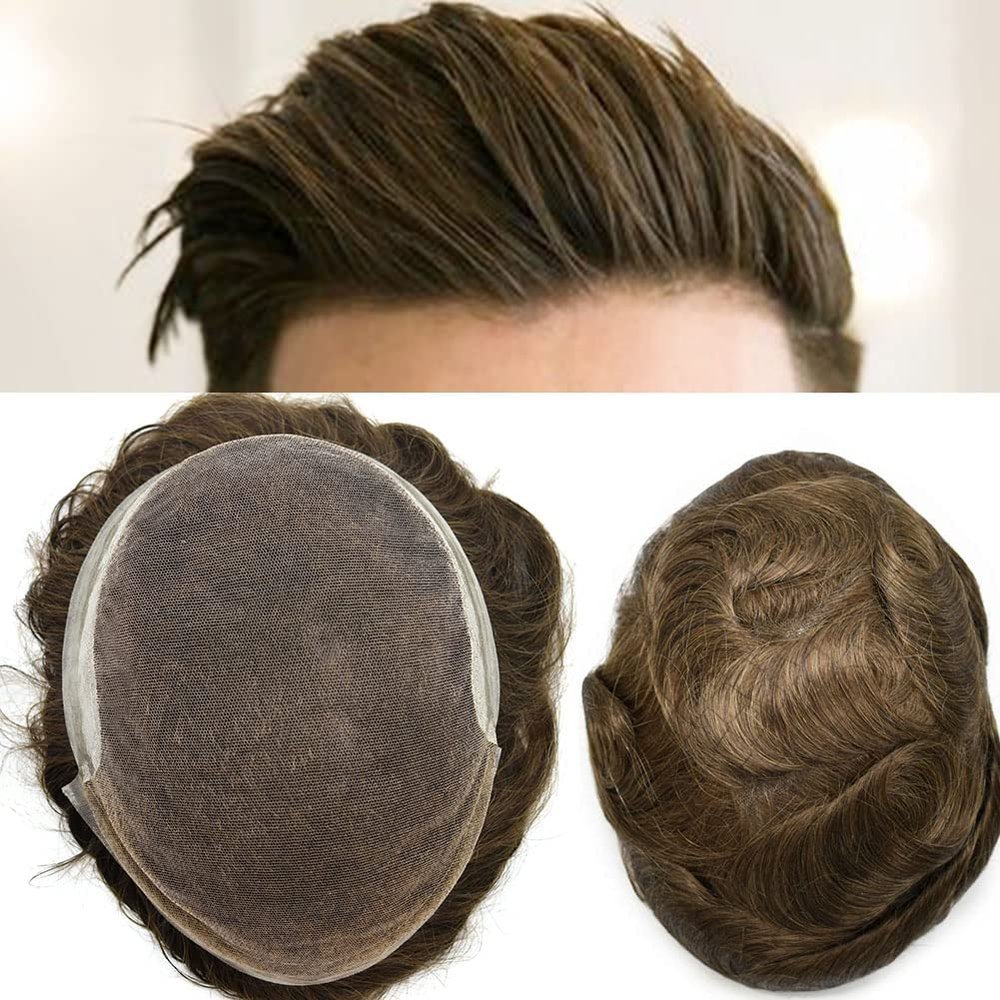 Mens Toupee Swiss Lace With Poly Toupee for Men Human Hair Replacement Systems Bleached Knots Mens Hair Piece (8"x10 100% Light Density, 530 Light-Med Brown+30% Gray)
