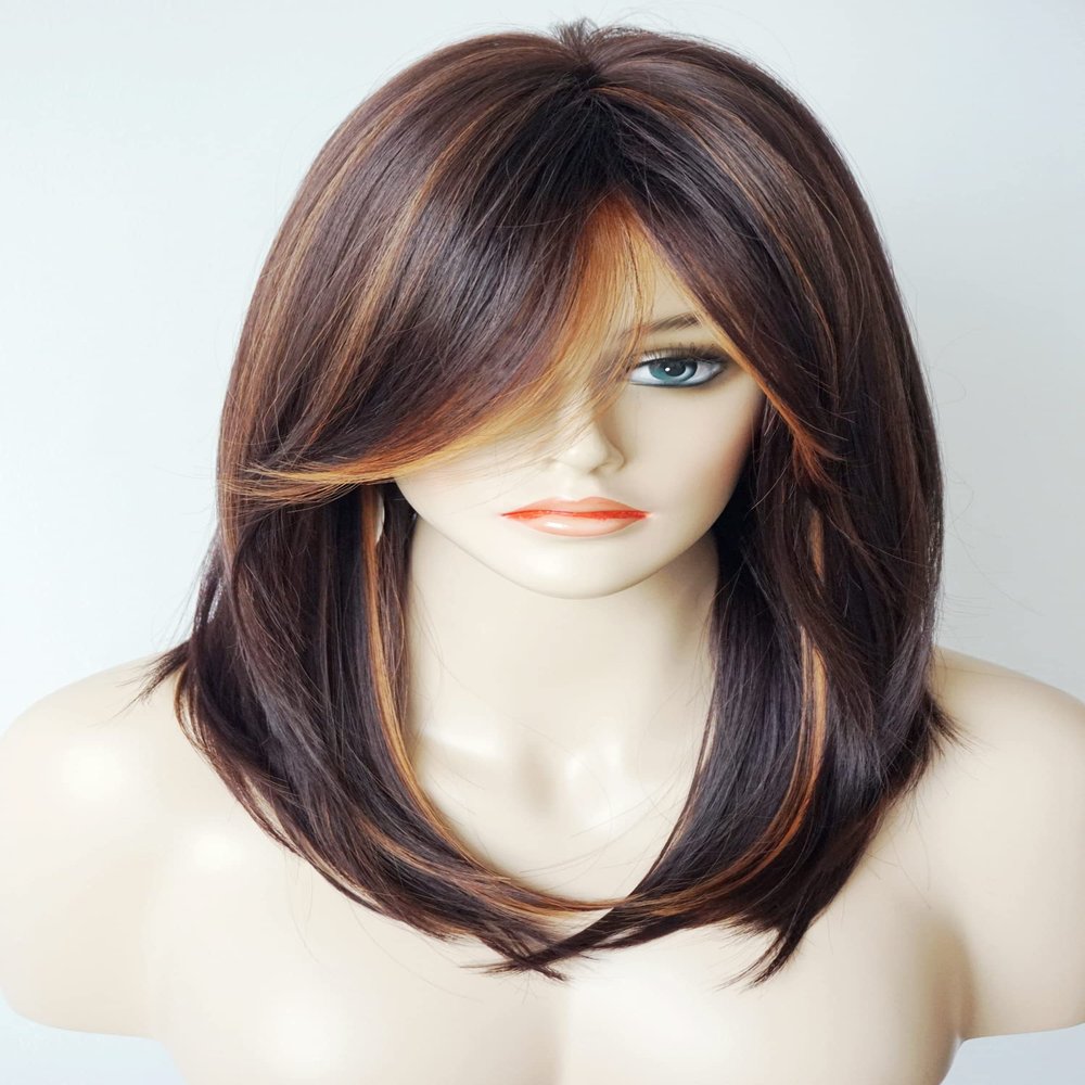 womens wigs for white women Medium Length wig Layered Wigs Light Brown Color with camel Highlights wigs with bangs Synthetic wig for Women (Brown Camel mixed)
