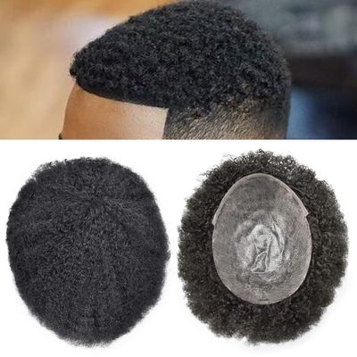 Afro Curl Toupee for Black Men 10X8 Full Poly African American Human Hair Systems All Injected PU Skin Hairpiece Replacement Kinky Curly Mens Wigs (8x10, 1# JET BLACK 6mm afro wave)