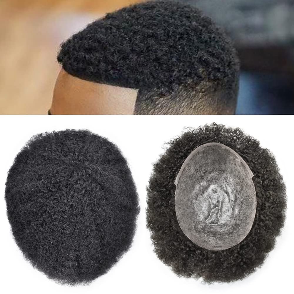 Afro Curl Toupee for Black Men 10X8 Full Poly African American Human Hair Systems All Injected PU Skin Hairpiece Replacement Kinky Curly Mens Wigs (8x10, 1# JET BLACK 6mm afro wave)