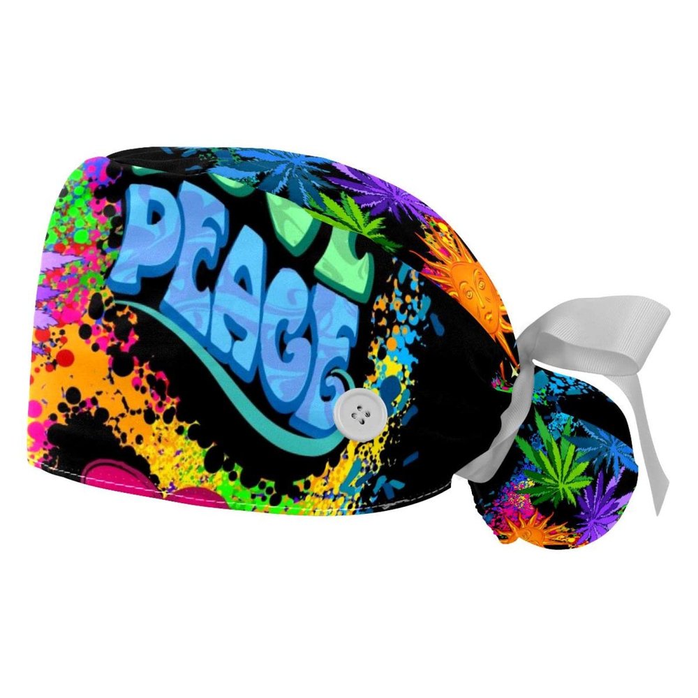 2 Pack Cannabis Leaves Heart and Sun Adjustable Working Cap with Button and Sweatband, Women Ponytail Pouch Tie Back Hats