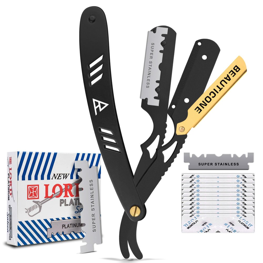 BEAUTICONE Straight Razors for Men, Straight Edge Razor, 100 Single Edge Blades, Stainless Steel, Barber Razor for Men's Shaving, Barber Shaving Knife, Swinglock