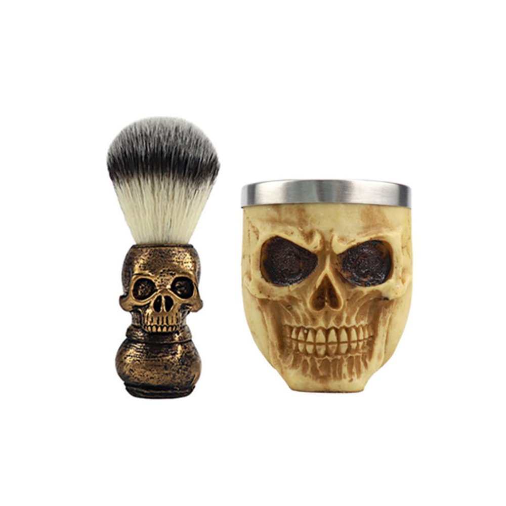 Personalized 2in1 Barber Domestic Artistic Ornament Cleaning Tool Skull Design Moustache Beard Brush Stainless Steel Foaming Soap Bowl Set Shaving Tool Kit Pack of 2pcs for Men (Bone gold)
