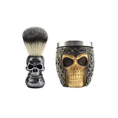 Personalized 2in1 Barber Domestic Artistic Ornament Cleaning Tool Skull Design Moustache Beard Brush Stainless Steel Foaming Soap Bowl Set Shaving Tool Kit Pack of 2pcs for Men (Helmet silver)