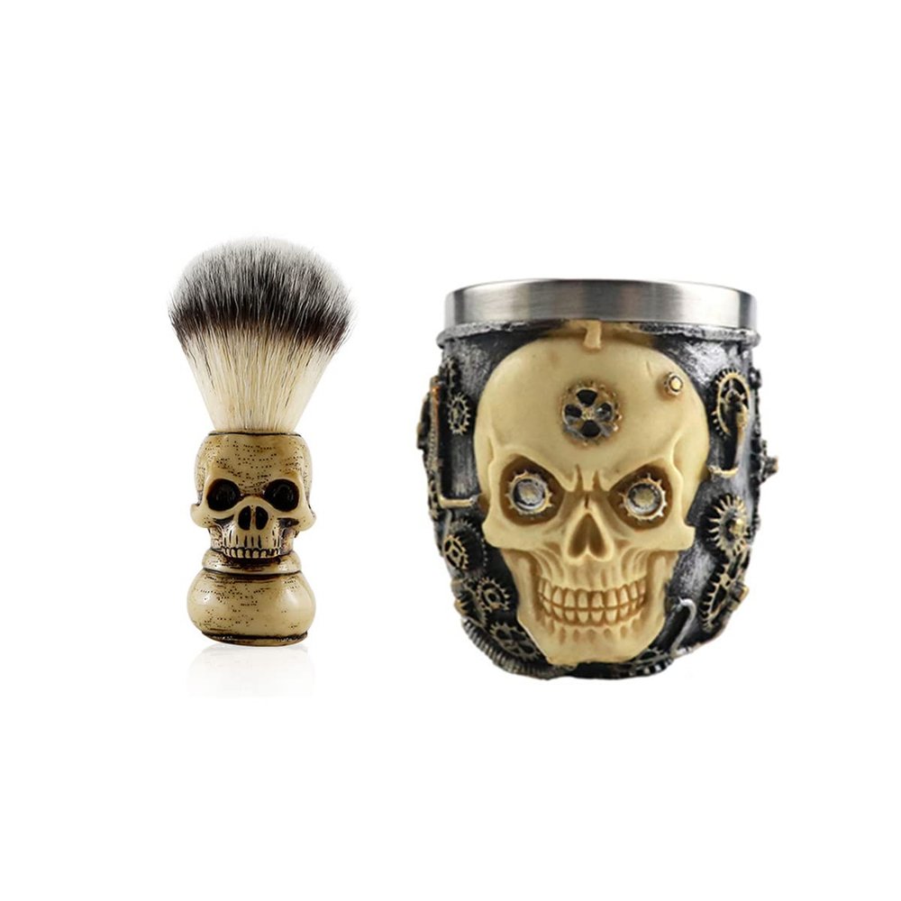 Personalized 2in1 Barber Domestic Artistic Ornament Cleaning Tool Skull Design Moustache Beard Brush Stainless Steel Foaming Soap Bowl Set Shaving Tool Kit Pack of 2pcs for Men (Gear beige)